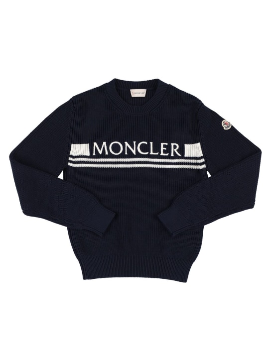 Moncler: Maglia girocollo in cotone con logo - Blu - kids-boys_0 | Luisa Via Roma