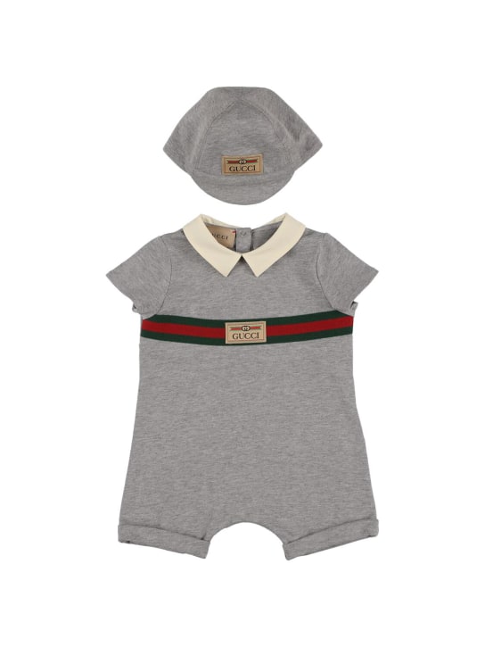 Gucci: Barboteuse & bonnet en coton épais - Gris Clair - kids-boys_0 | Luisa Via Roma