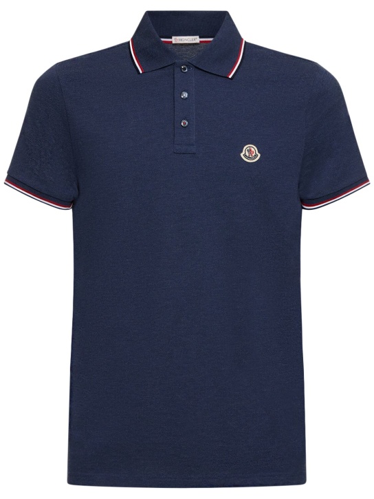 Moncler: Logo patch cotton polo shirt - Blue - men_0 | Luisa Via Roma