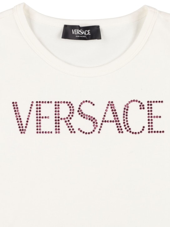 Versace: Camiseta de jersey de algodón bordada - Blanco/Rosa - kids-girls_1 | Luisa Via Roma