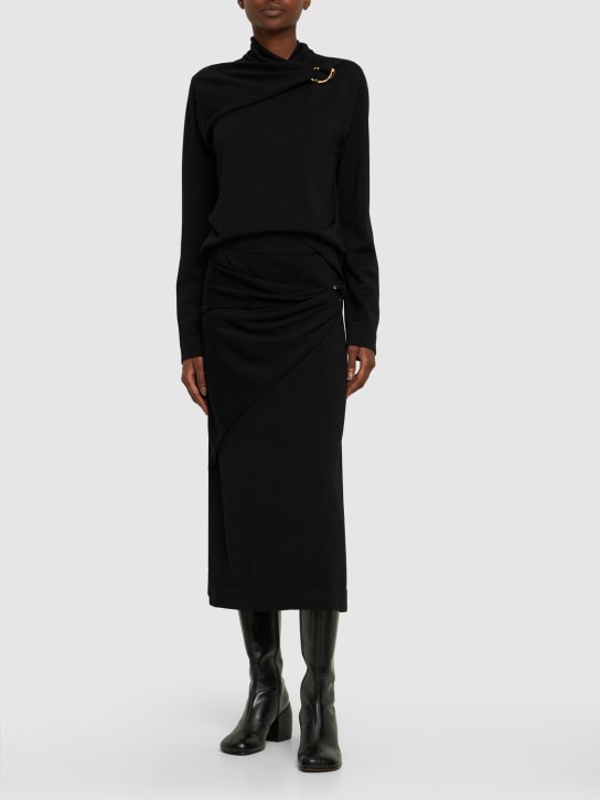 Jil Sander: Jupe midi drapée en maille de laine détail anneau - Noir - women_1 | Luisa Via Roma