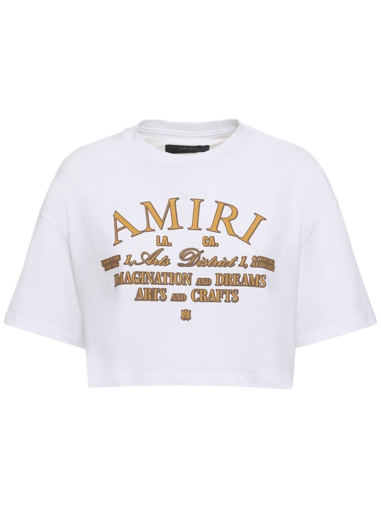 Amiri: T-shirt cropped in jersey di cotone con logo - Multi/Bianco - women_0 | Luisa Via Roma