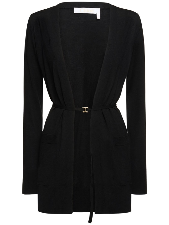 Chloé: Cardigan en maille de laine avec ceinture - Noir - women_0 | Luisa Via Roma