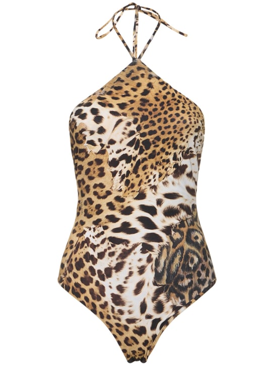 Roberto Cavalli: Body en lycra imprimé léopard à encolure licou - Multicolore - women_0 | Luisa Via Roma