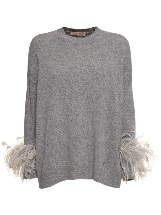 Valentino: Wool knit sweater w/feathers - Grey - women_0 | Luisa Via Roma