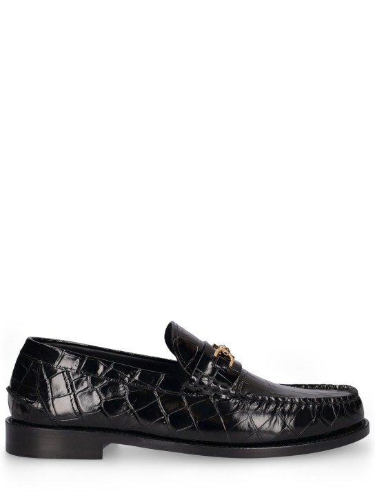 Versace: Medusa croc embossed leather loafers - Black/Gold - men_0 | Luisa Via Roma