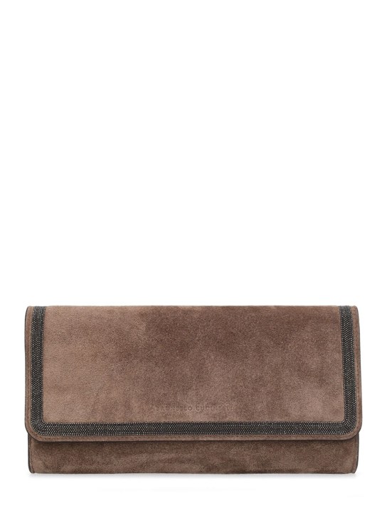 Brunello Cucinelli: Softy velour embellished leather pouch - Ossido - women_0 | Luisa Via Roma