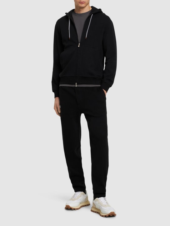 Brunello Cucinelli: Cotton blend zipped hoodie - Black - men_1 | Luisa Via Roma