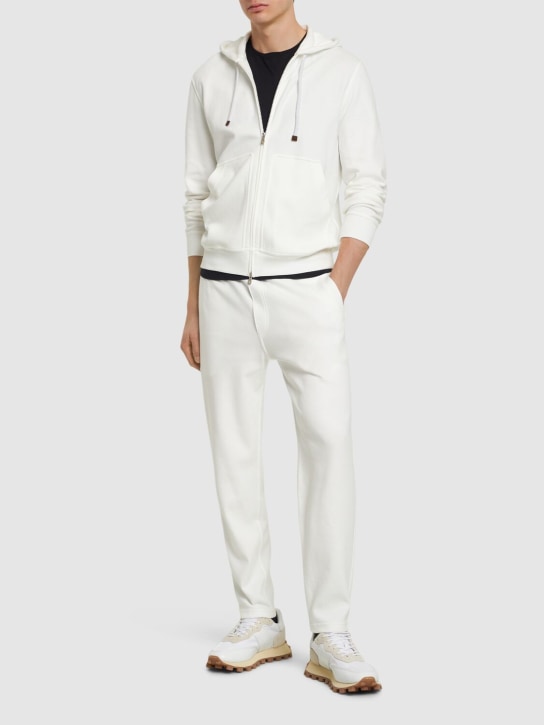 Brunello Cucinelli: Cotton blend zipped hoodie - Off White - men_1 | Luisa Via Roma
