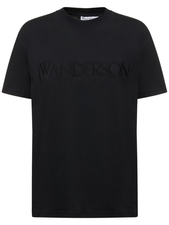 JW Anderson: Logo刺绣平纹针织T恤 - 黑色 - women_0 | Luisa Via Roma