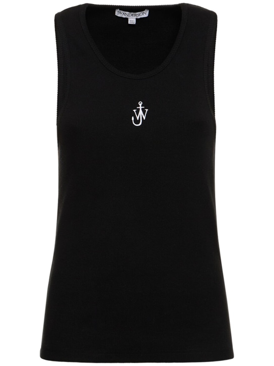 JW Anderson: Logo embroidered ribbed jersey top - Black - women_0 | Luisa Via Roma