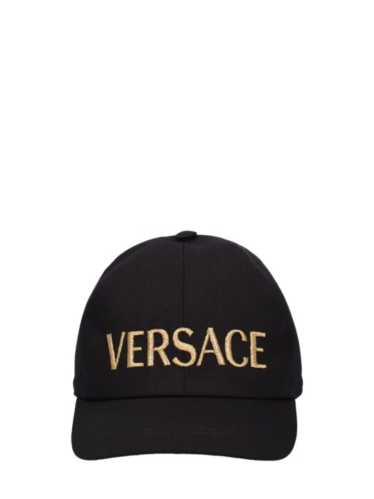 Versace: Casquette en drill de coton brodé - Noir/Or - kids-boys_0 | Luisa Via Roma
