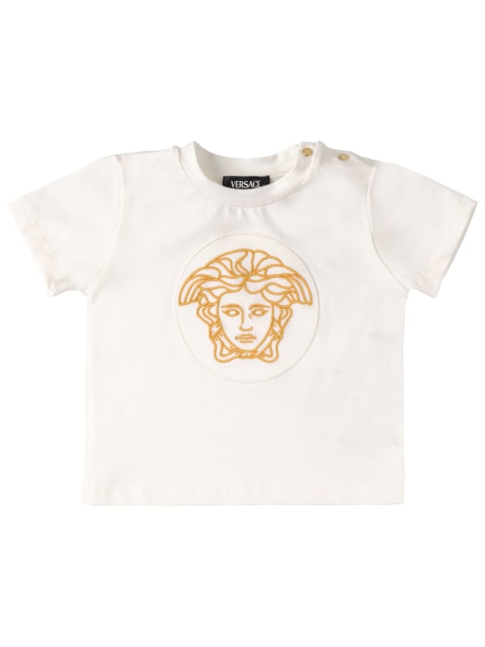 Versace: T-shirt in jersey di cotone con ricamo - Bianco/Oro - kids-boys_0 | Luisa Via Roma