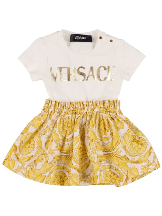 Versace: 코튼 저지 & 프린트된 포플린 드레스 - 화이트/골드 - kids-girls_0 | Luisa Via Roma