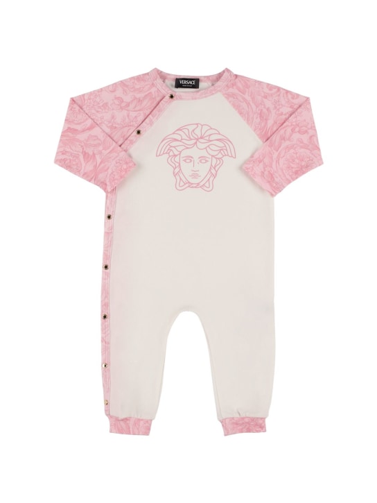 Versace: Tutina in jersey di cotone con stampa Medusa - Bianco/Rosa - kids-girls_0 | Luisa Via Roma