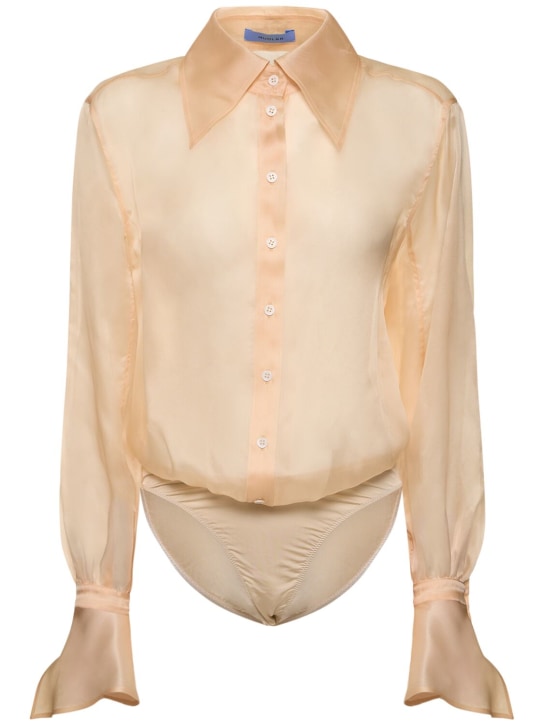 MUGLER: Silk tulle long sleeved bodysuit - Light Beige - women_0 | Luisa Via Roma