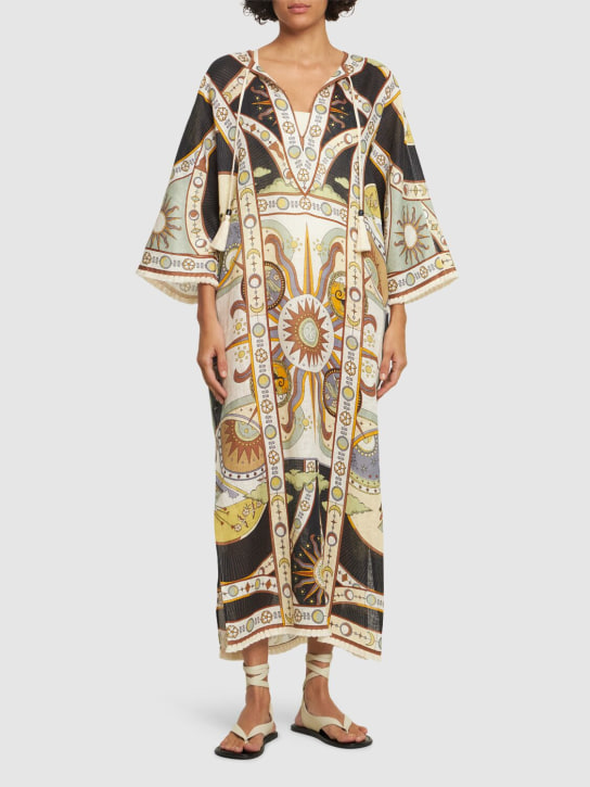 Tory Burch: Robe caftan en lin imprimé - Multicolore - women_1 | Luisa Via Roma