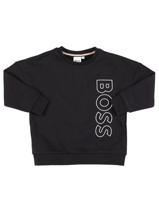 Boss: Sweat-shirt en coton à logo caoutchouté - Noir - kids-boys_0 | Luisa Via Roma