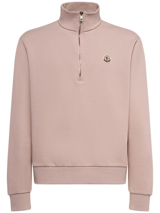 Moncler: Zip-up cotton turtleneck sweatshirt - Dusty Pink - men_0 | Luisa Via Roma