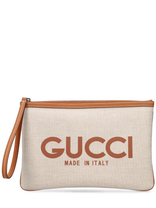 Gucci: Canvas clutch with Gucci print - White/Brown - women_0 | Luisa Via Roma