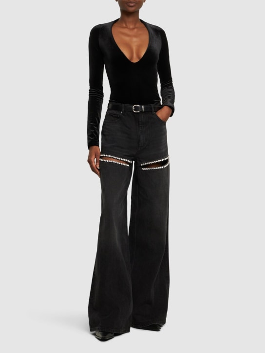 Area: Embellished wide leg jeans w/slit - Black - women_1 | Luisa Via Roma