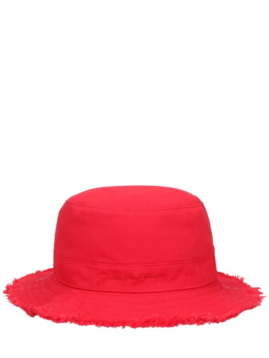 Jacquemus: Gorro bucket de algodón con logo - Rojo - kids-girls_0 | Luisa Via Roma
