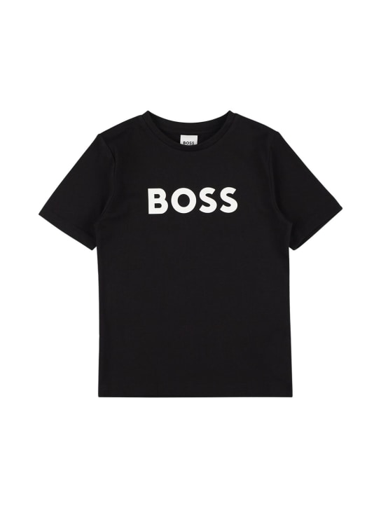 Boss: T-shirt in jersey di cotone con logo - Nero - kids-boys_0 | Luisa Via Roma