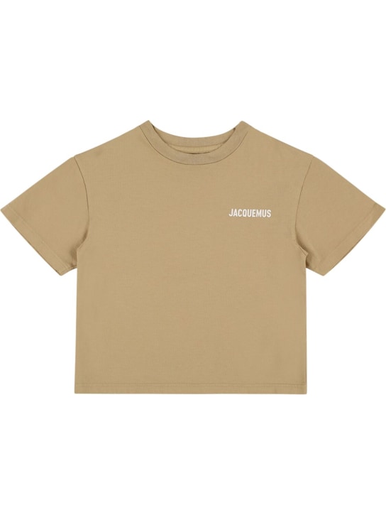 Jacquemus: T-shirt en jersey de coton à imprimé logo - Beige Foncé - kids-boys_0 | Luisa Via Roma
