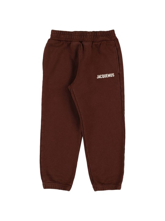 Jacquemus: Pantaloni in felpa di cotone con logo - Marrone - kids-boys_0 | Luisa Via Roma