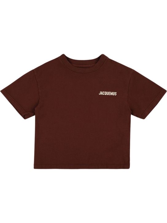 Jacquemus: T-shirt in jersey di cotone con logo - Marrone - kids-girls_0 | Luisa Via Roma