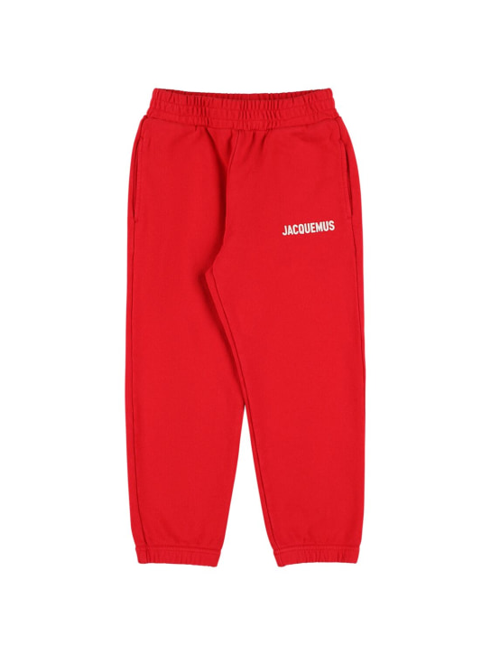 Jacquemus: Pantalon de survêtement en coton à imprimé logo - Rouge - kids-boys_0 | Luisa Via Roma