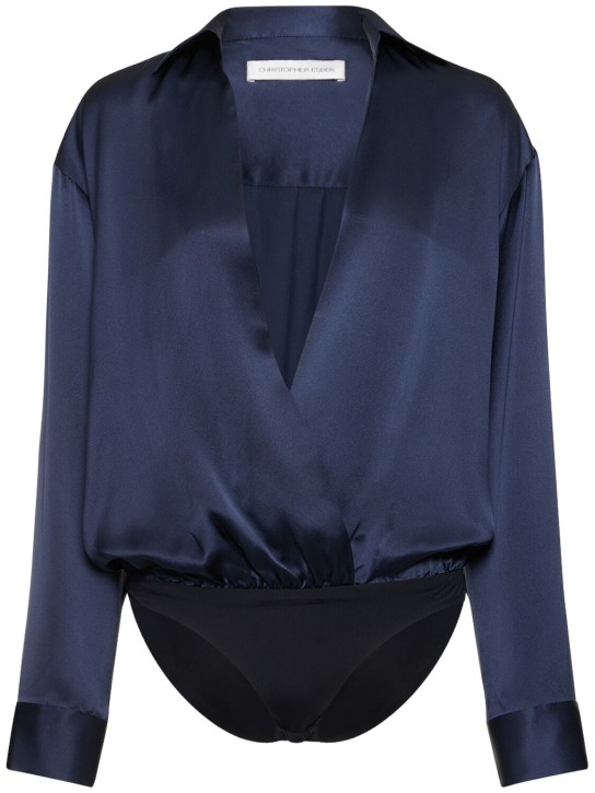 Christopher Esber: Silk satin V-neck bodysuit - Navy - women_0 | Luisa Via Roma