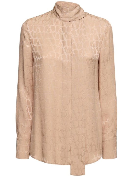 Valentino: Silk jacquard logo shirt w/scarf - Camel - women_0 | Luisa Via Roma