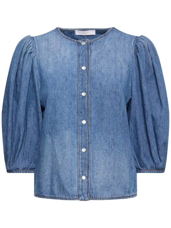 Chloé: Kurzärmliges Hemd aus Baumwolle und Leinen - Blau - women_0 | Luisa Via Roma