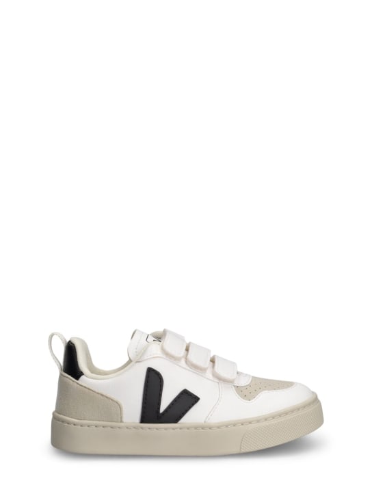 Veja: V-10 coated organic strap sneakers - White/Black - kids-girls_0 | Luisa Via Roma