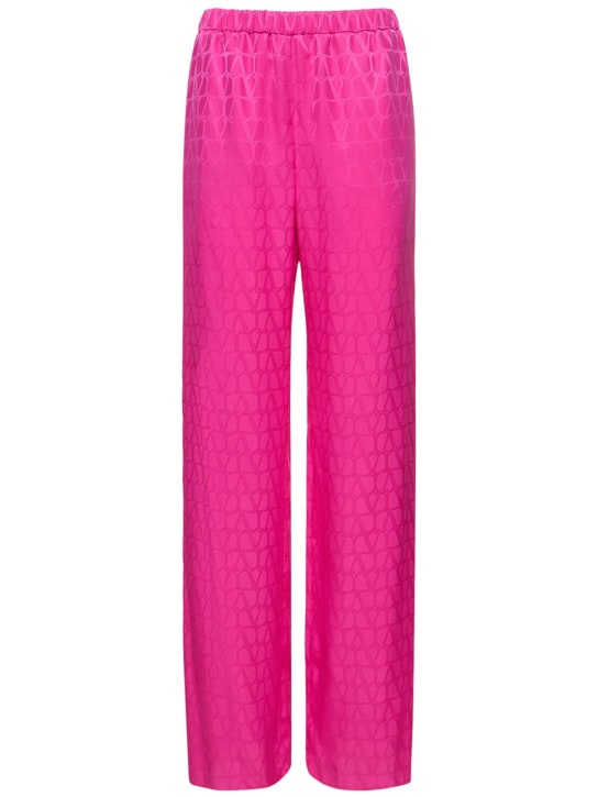 Valentino: Pantaloni dritti in seta jacquard con logo - Pink - women_0 | Luisa Via Roma