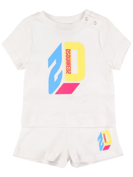Dsquared2: T-shirt e shorts in cotone stampato - Bianco - kids-boys_0 | Luisa Via Roma