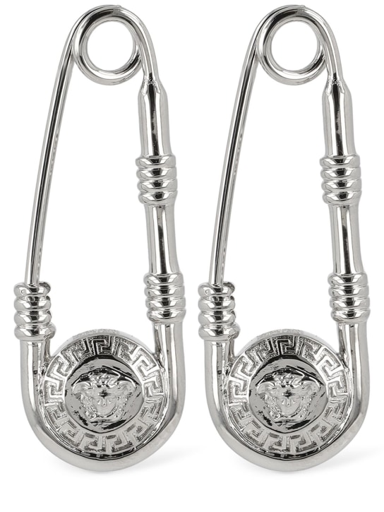 Versace: Metal logo earrings - Palladium - men_0 | Luisa Via Roma