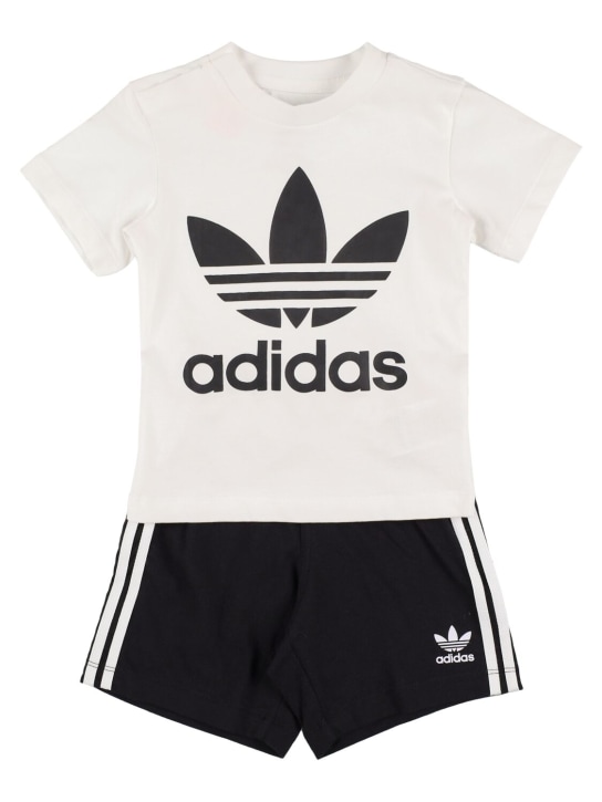 adidas Originals: T-shirt & short en coton mélangé imprimé logo - Blanc/Noir - kids-boys_0 | Luisa Via Roma