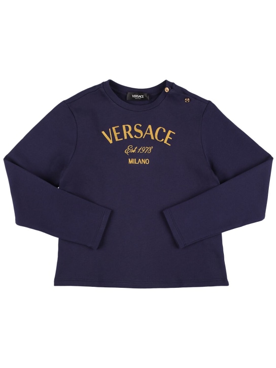 Versace: 자수 로고 스웨트셔츠 - 네이비/골드 - kids-boys_0 | Luisa Via Roma