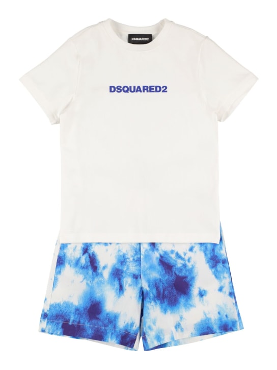 Dsquared2: T-shirt e shorts in jersey di cotone stampato - Bianco/Blu - kids-boys_0 | Luisa Via Roma