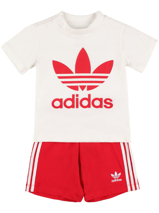 adidas Originals: 로고 프린트 코튼 혼방 티셔츠 & 쇼츠 - 화이트/레드 - kids-boys_0 | Luisa Via Roma