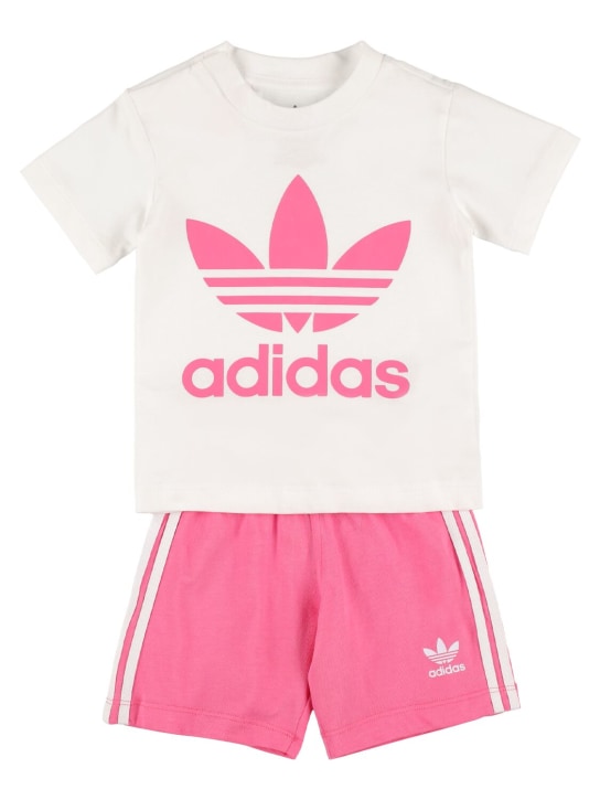 adidas Originals: Logo print cotton blend t-shirt & shorts - Pink - kids-girls_0 | Luisa Via Roma