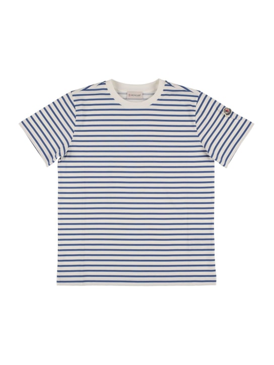 Moncler: T-shirt en coton à rayures - Bleu Foncé - kids-boys_0 | Luisa Via Roma