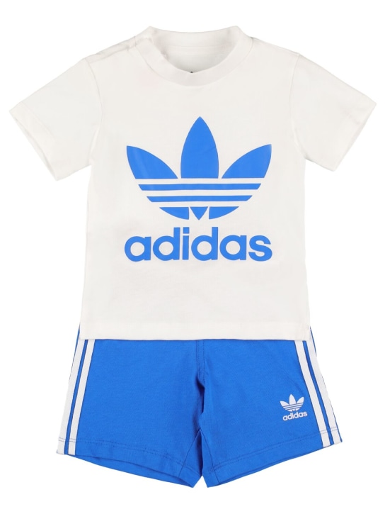 adidas Originals: 로고 프린트 코튼 혼방 티셔츠 & 쇼츠 - 블루 - kids-boys_0 | Luisa Via Roma