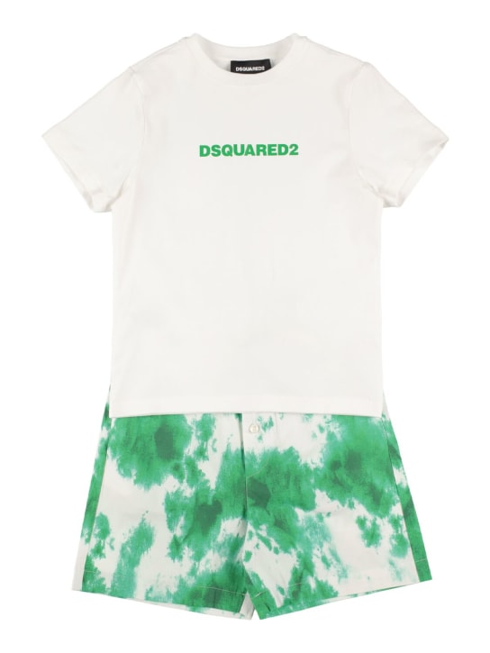 Dsquared2: T-shirt e shorts in jersey di cotone stampato - Bianco/Verde - kids-boys_0 | Luisa Via Roma