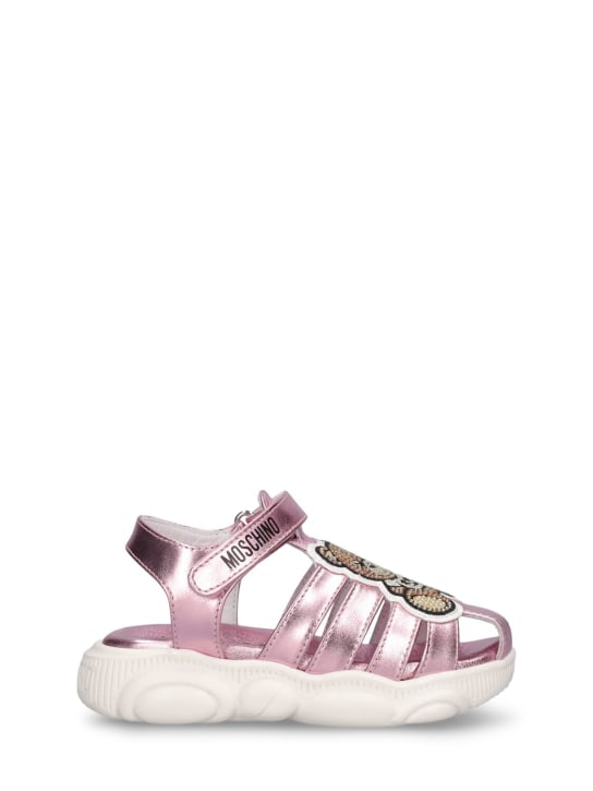 Moschino: Laminated leather sandals - Pink - kids-girls_0 | Luisa Via Roma