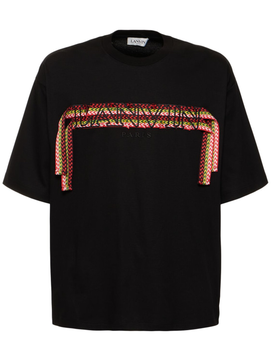 Lanvin: Curb logo embroidery cotton t-shirt - Black - men_0 | Luisa Via Roma