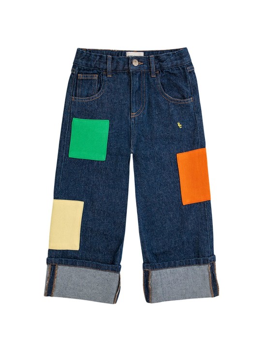 Bobo Choses: Denim jeans w/patches - Blue/Multi - kids-boys_0 | Luisa Via Roma