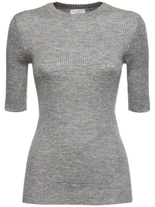 Brunello Cucinelli: Rib knit short sleeve top - Dark Grey - women_0 | Luisa Via Roma